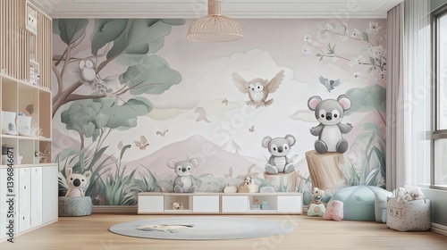 Wallpaper Mural children's room mural with a soft color palette, featuring adorable animals like bears, koalas, and owls, creating a peaceful and welcoming atmosphere. Torontodigital.ca