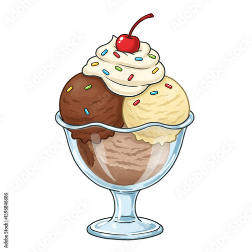 Delicious cartoon ice cream sundae with cherry and sprinkles illustration