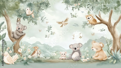 children's room mural with a soft color palette, featuring adorable animals like bears, koalas, and owls, creating a peaceful and welcoming atmosphere.