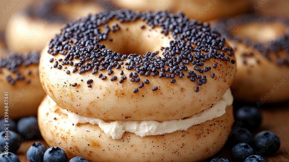 Bagel with cream cheese and blueberries, surrounded by poppyseed bagels Bagel with cream cheese and blueberries, surrounded by poppyseed bagels