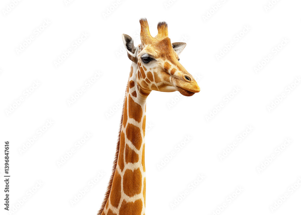 Naklejka premium Portrait of a giraffe against a white background. Wildlife concept.