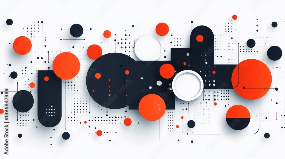 Abstract geometric shapes, circles, and lines in orange and black on white background.