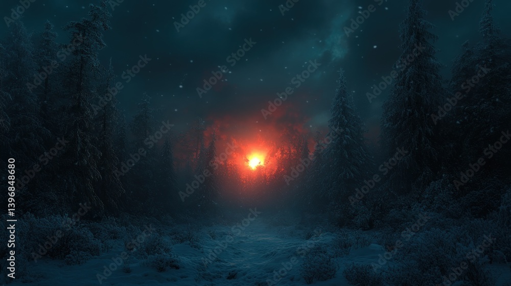 Obraz premium Snowy forest path at night with red glow.