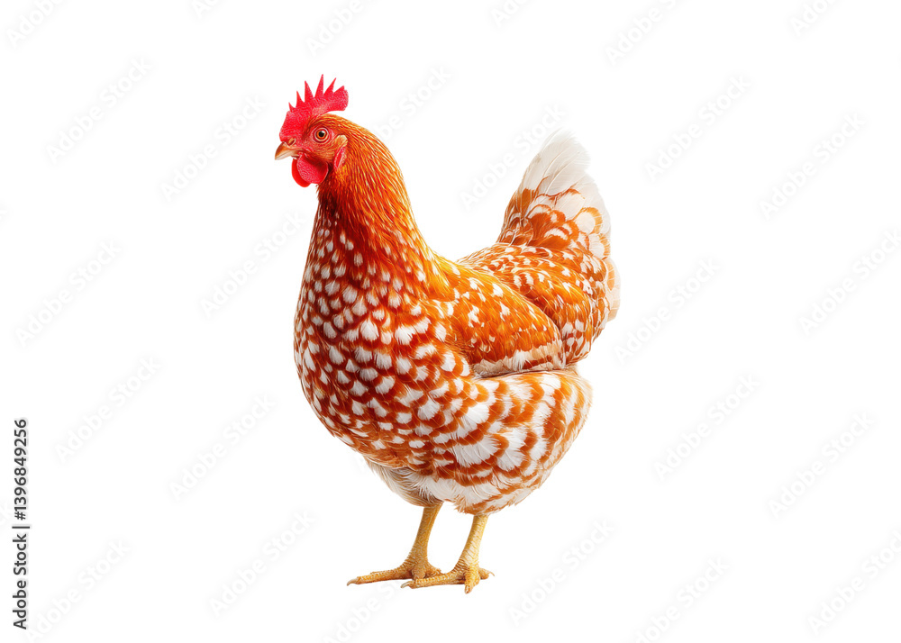 Fototapeta premium Speckled Sussex hen isolated on white background. Poultry farming and agriculture concept.