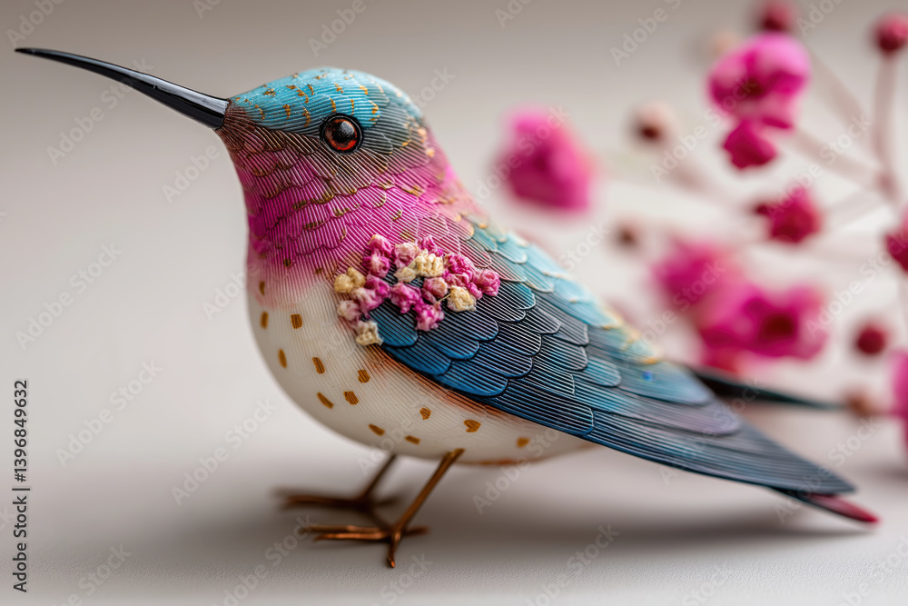 Naklejka premium A pink ocean-blue white colored porcelain hummingbird