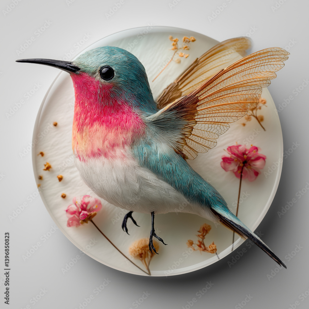 Naklejka premium A pink ocean-blue white colored porcelain hummingbird