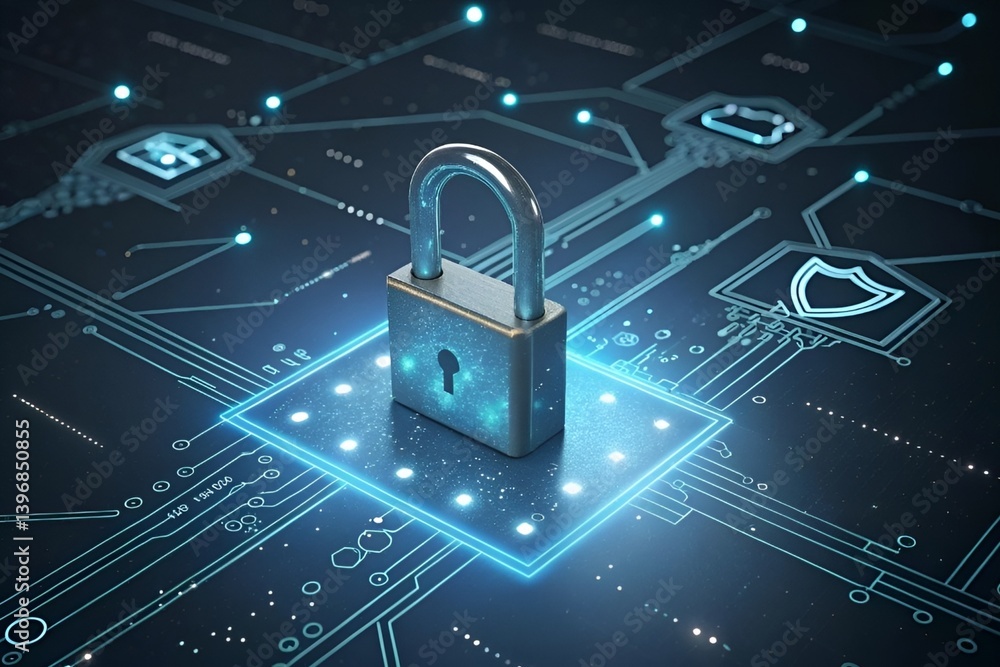 Futuristic Digital Lock with Glowing Circuit Lines Symbolizing Cybersecurity and Data Protection Futuristic Digital Lock with Glowing Circuit Lines Symbolizing Cybersecurity and Data Protection