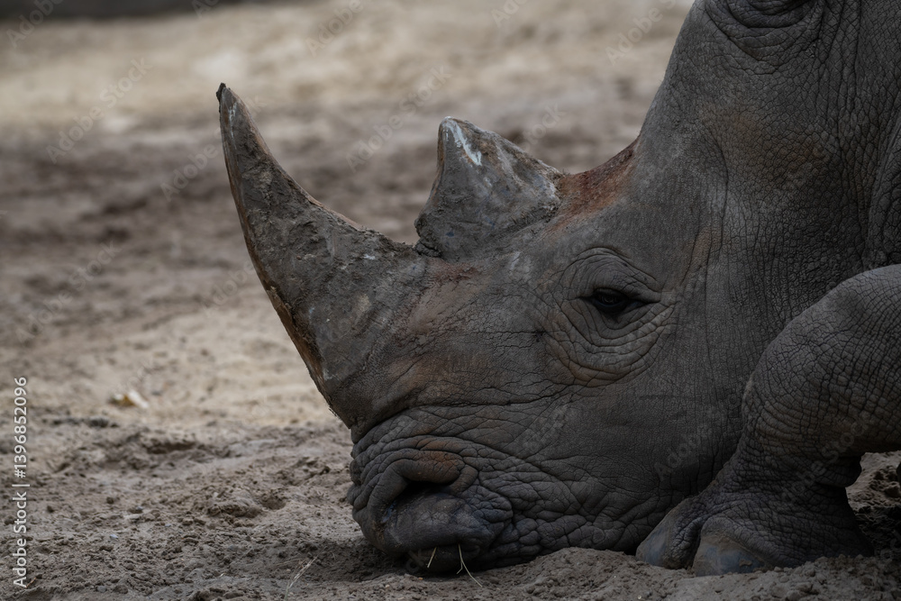 Obraz premium Rhinoceros resting in the dirt during a sunny afternoon