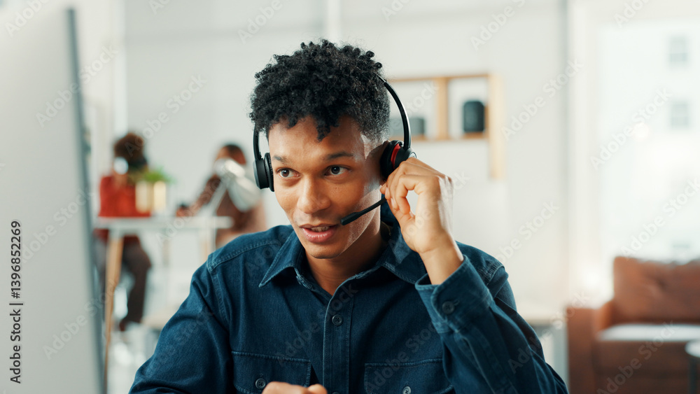 Computer, headset and support with man in call center for assistance, help or lead generation. Contact us, conversation and mic with virtual assistant at work in customer service for feedback
