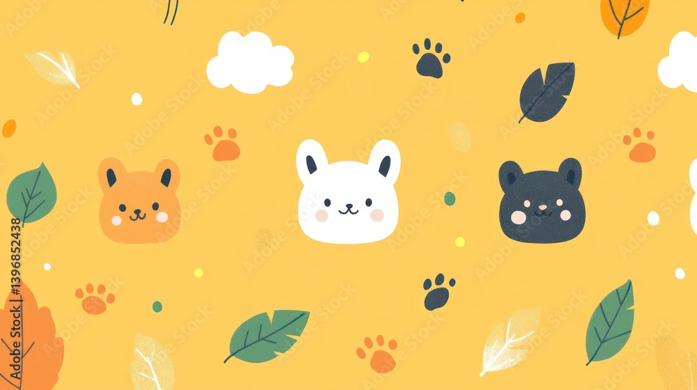 Fototapeta premium Cute animal faces, leaves, paws, and clouds on yellow.