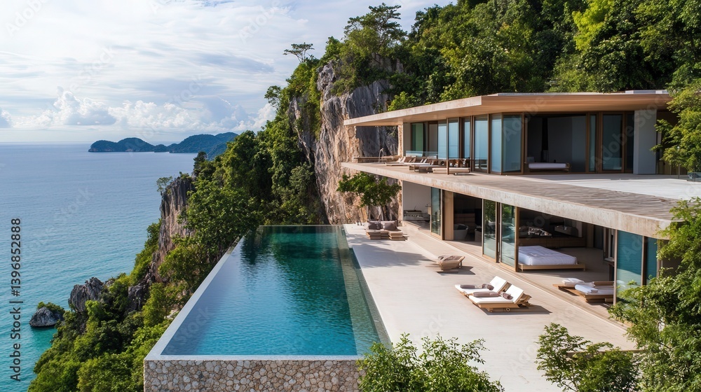 Fototapeta premium steep cliff features an infinity pool that extends toward the horizon, offering breathtaking views of the pristine sea below.