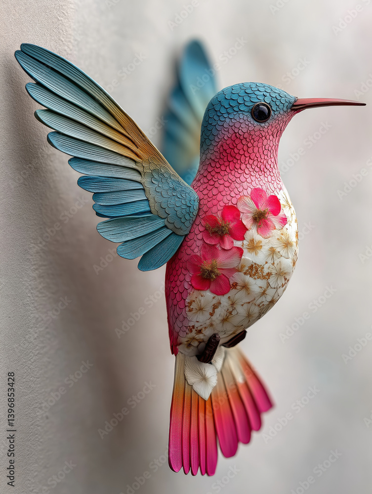 Naklejka premium A pink ocean-blue white colored porcelain hummingbird