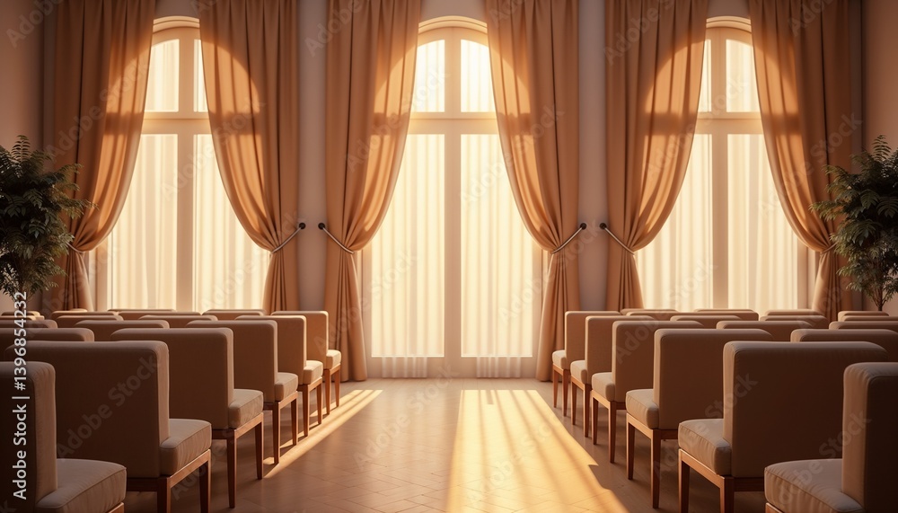 Naklejka premium Elegant interior of a waiting room with sunlight streaming through large windows and soft drapes