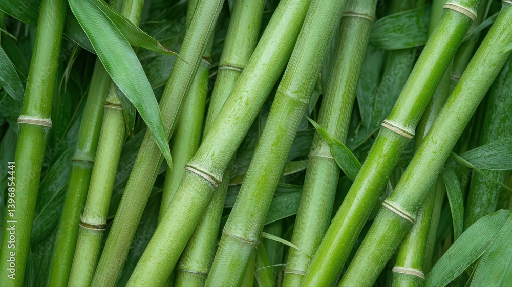 Lush Green Bamboo Stalks and Leaves with Water Droplets Lush Green Bamboo Stalks and Leaves with Water Droplets