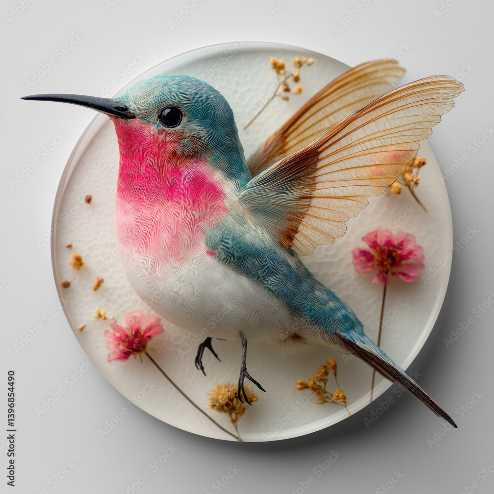 Naklejka premium A pink ocean-blue white colored porcelain hummingbird
