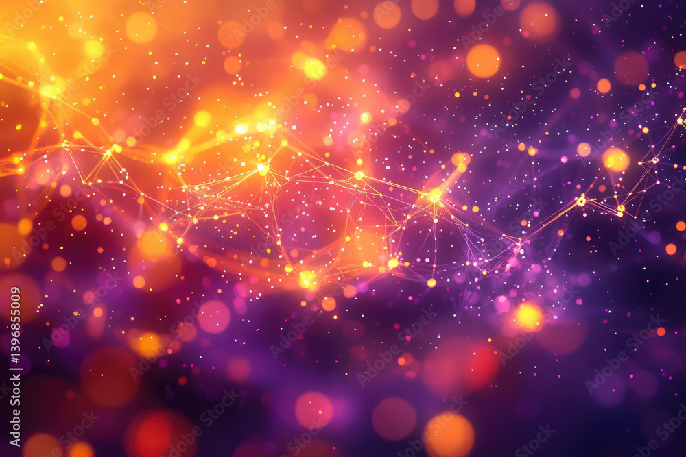 Abstract network of connected lines and nodes, glowing with orange and purple hues against a dark, speckled background. Abstract network of connected lines and nodes, glowing with orange and purple hues against a dark, speckled background.