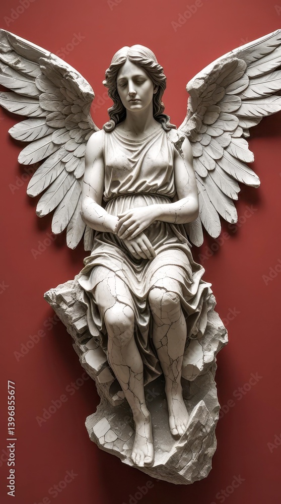 Fototapeta premium An angel of cracked marble is captured in silent contemplation, his wings are partially destroyed. A face full of wisdom and peace. The background is a rich scarlet color.