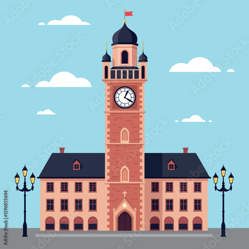 Historic clock tower in a charming town square with flat design vector art showcasing detailed architecture and a vibrant blue sky