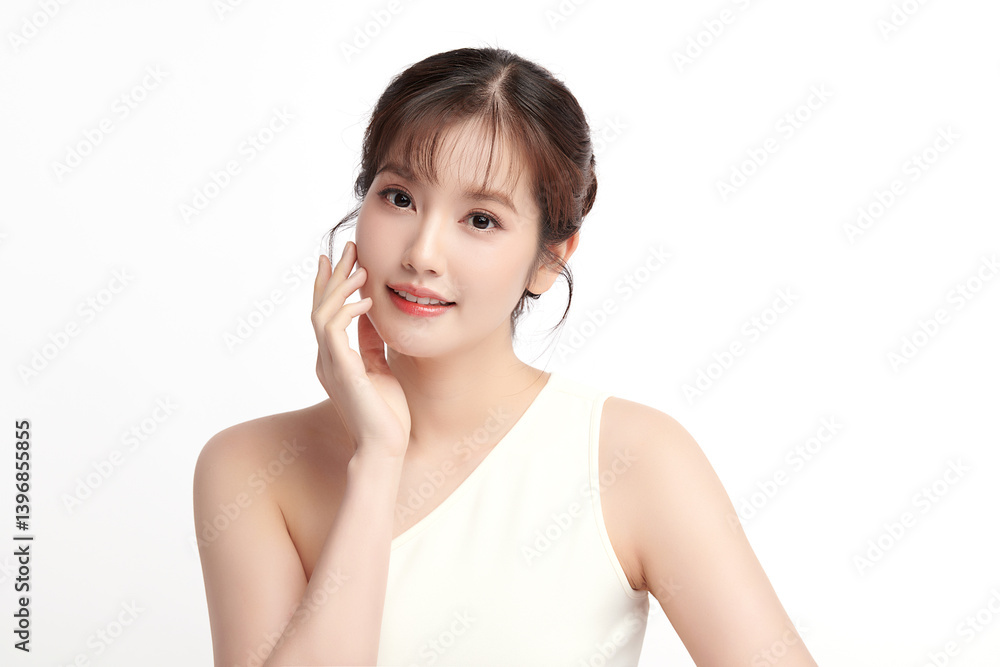 A beautiful young Asian woman with clean, fresh skin against a white background. Skincare, facial treatment, cosmetology, beauty, and spa. An elegant portrait of an Asian woman. A beautiful young Asian woman with clean, fresh skin against a white background. Skincare, facial treatment, cosmetology, beauty, and spa. An elegant portrait of an Asian woman.
