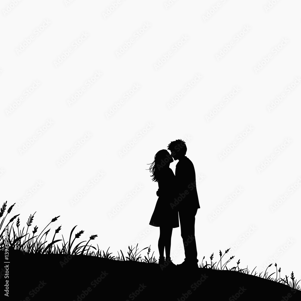 Couple Silhouette Kissing on a Hilltop Against a Light Background Couple Silhouette Kissing on a Hilltop Against a Light Background