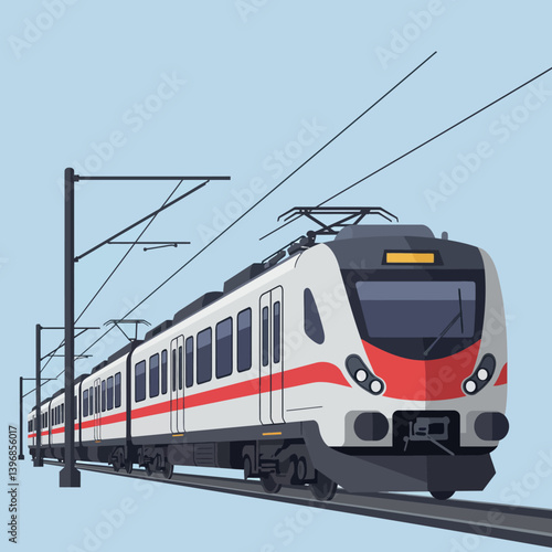 Modern electric train in motion showcasing sleek design and vibrant colors in flat vector illustration style against a clear blue sky background