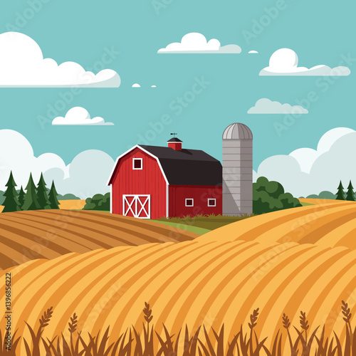 Red barn surrounded by golden wheat fields under a clear blue sky in a flat vector illustration