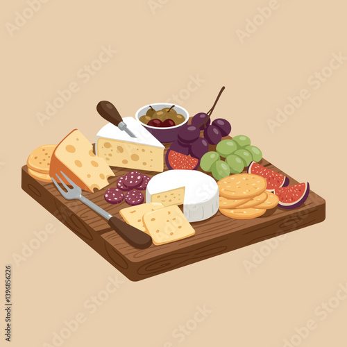 A colorful cheese platter featuring assorted cheeses, grapes, figs, and crackers in a minimal flat design vector art