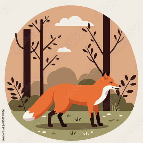 A solitary fox walking through a tranquil forest setting in a flat design style vector art
