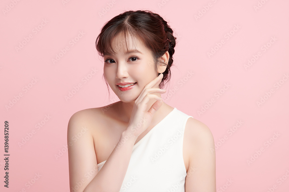 A beautiful young Asian woman with clean, fresh skin against a pink background. Skincare, facial treatment, cosmetology, beauty, and spa. An elegant portrait of an Asian woman. A beautiful young Asian woman with clean, fresh skin against a pink background. Skincare, facial treatment, cosmetology, beauty, and spa. An elegant portrait of an Asian woman.