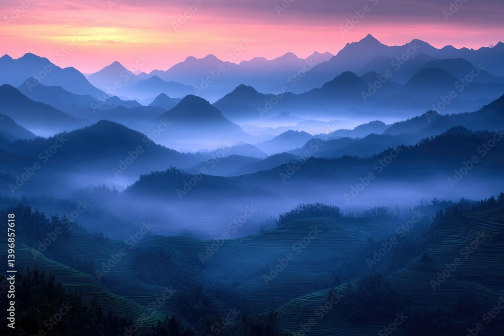 Obraz premium Misty sunrise over layered mountains and rice terraces, a breathtaking, serene landscape.