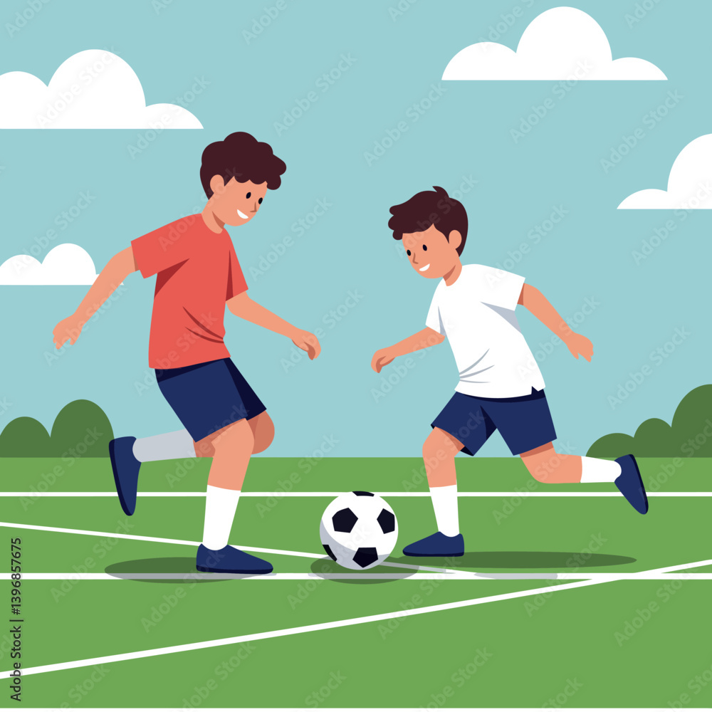 Two young boys playing soccer on a vibrant green field with bright clouds, in a flat vector illustration Two young boys playing soccer on a vibrant green field with bright clouds, in a flat vector illustration