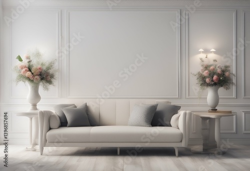 lamp livingroom flowers empty plaid interior sofa background 3d vase rendering white pillows wall living room plant floor light design space pillow nobody fabric neutral simple pink cosy couch home
