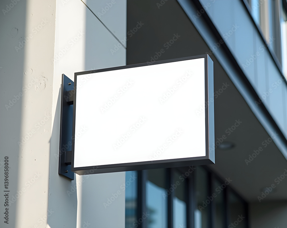 High-resolution photograph of a blank square storefront sign mounted on a modern commercial building exterior. High-resolution photograph of a blank square storefront sign mounted on a modern commercial building exterior.