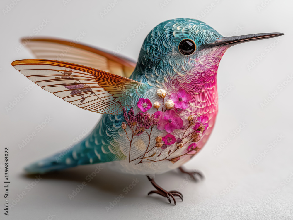 Naklejka premium A pink ocean-blue white colored porcelain hummingbird