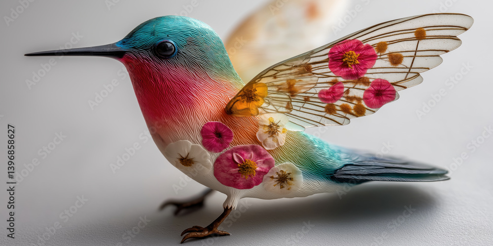 Naklejka premium A pink ocean-blue white colored porcelain hummingbird