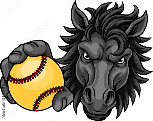Horse mustang bronco stallion baseball softball angry sports team mascot holding a ball.