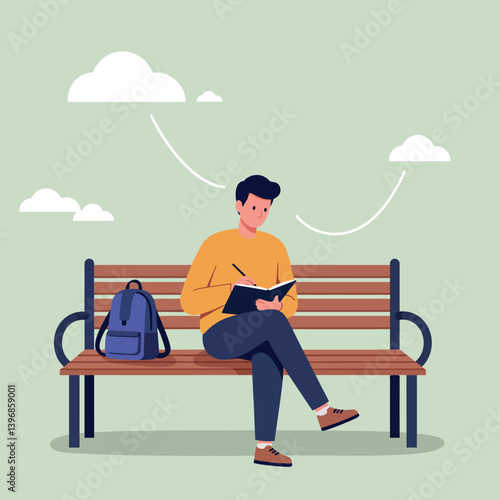 A young man writing in a notebook while sitting on a park bench in a flat vector illustration that conveys creativity and tranquility in an outdoor setting vector art