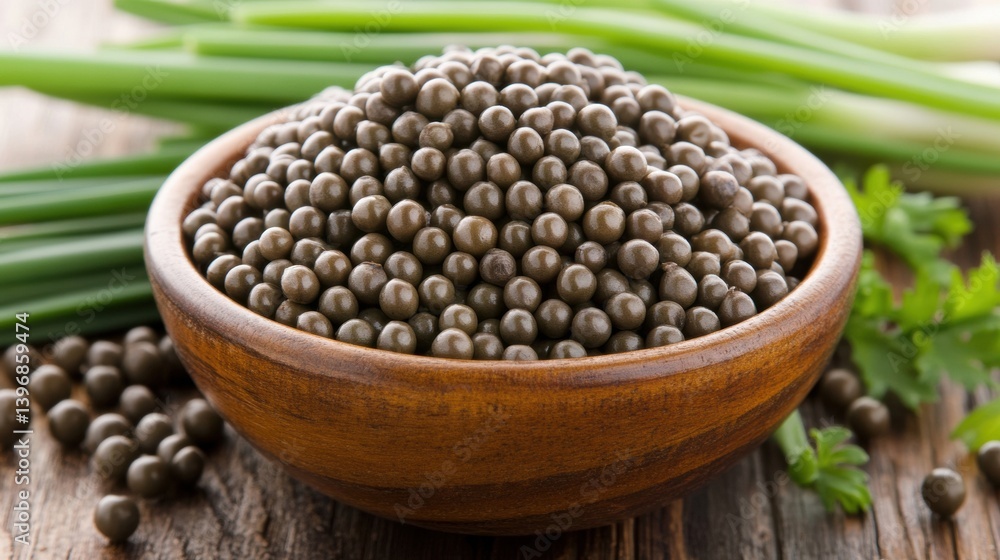 Brown Homeopathic Pellets in Wooden Bowl with Green Onions Brown Homeopathic Pellets in Wooden Bowl with Green Onions