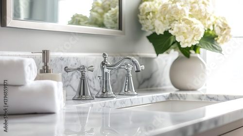 gleaming marble countertop graces the modern bathroom, adding a touch of timeless luxury to the sleek, minimalist design