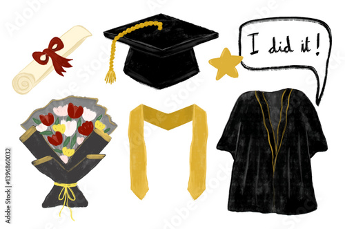Cute set happy graduation gold gold yellow collections cap hat robe gown paper roll ribbon flowers bouquet mortarboard bachelor party celebration design doodle hand drawn illustration watercolor
