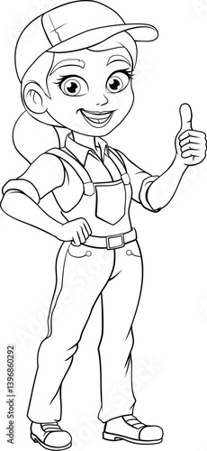 A woman female worker in overalls or dungarees and cap. Could be a plumber, gardener, decorator or possible electrician or mechanic cartoon mascot.