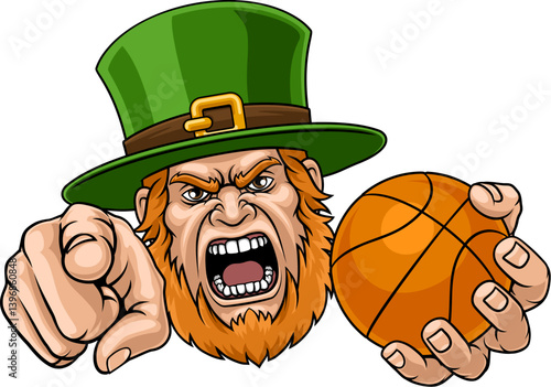 An angry Leprechaun Celtic Irish cartoon character holding Basketball ball and pointing sports team mascot illustration.