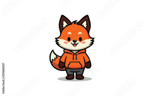 A Cheerful Cartoon Fox Character in a Hoodie, Standing with a Friendly Smile on a Pure White Stage.