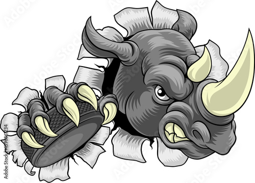 A rhino or rhinoceros ice hockey tough cartoon sports mascot