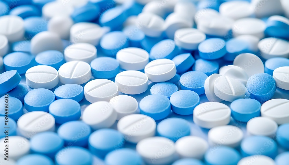 Blue and white pills floating in a flat design, with selective focus on the foreground and ample space for text, ultra HD clarity Blue and white pills floating in a flat design, with selective focus on the foreground and ample space for text, ultra HD clarity