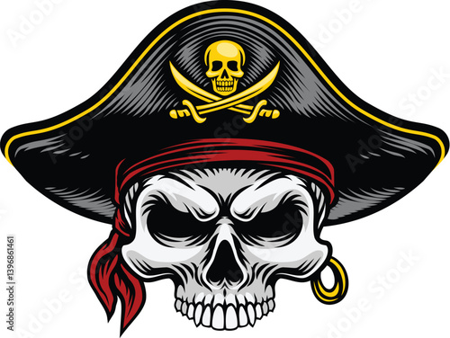 A pirate skull in a captain hat skeleton vintage woodcut style design