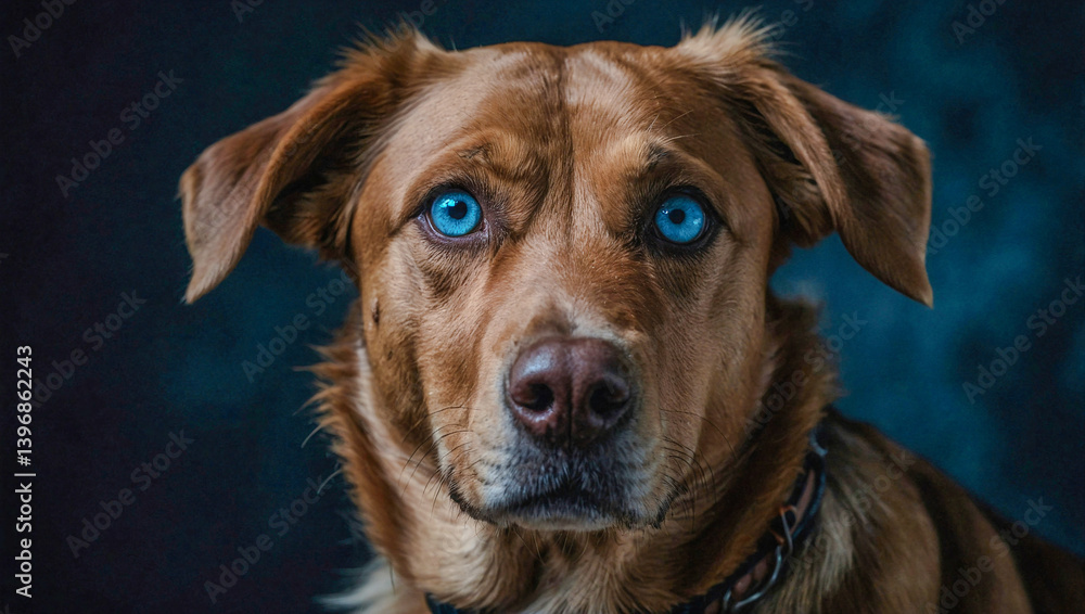 Close-up of a brown dog with blue eyes against a dark background. Close-up of a brown dog with blue eyes against a dark background.