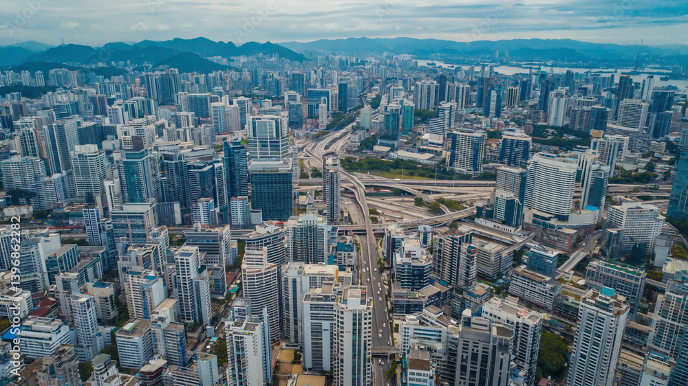 Fototapeta premium Spectacular cityscape aerial view with complex road network and towering buildings