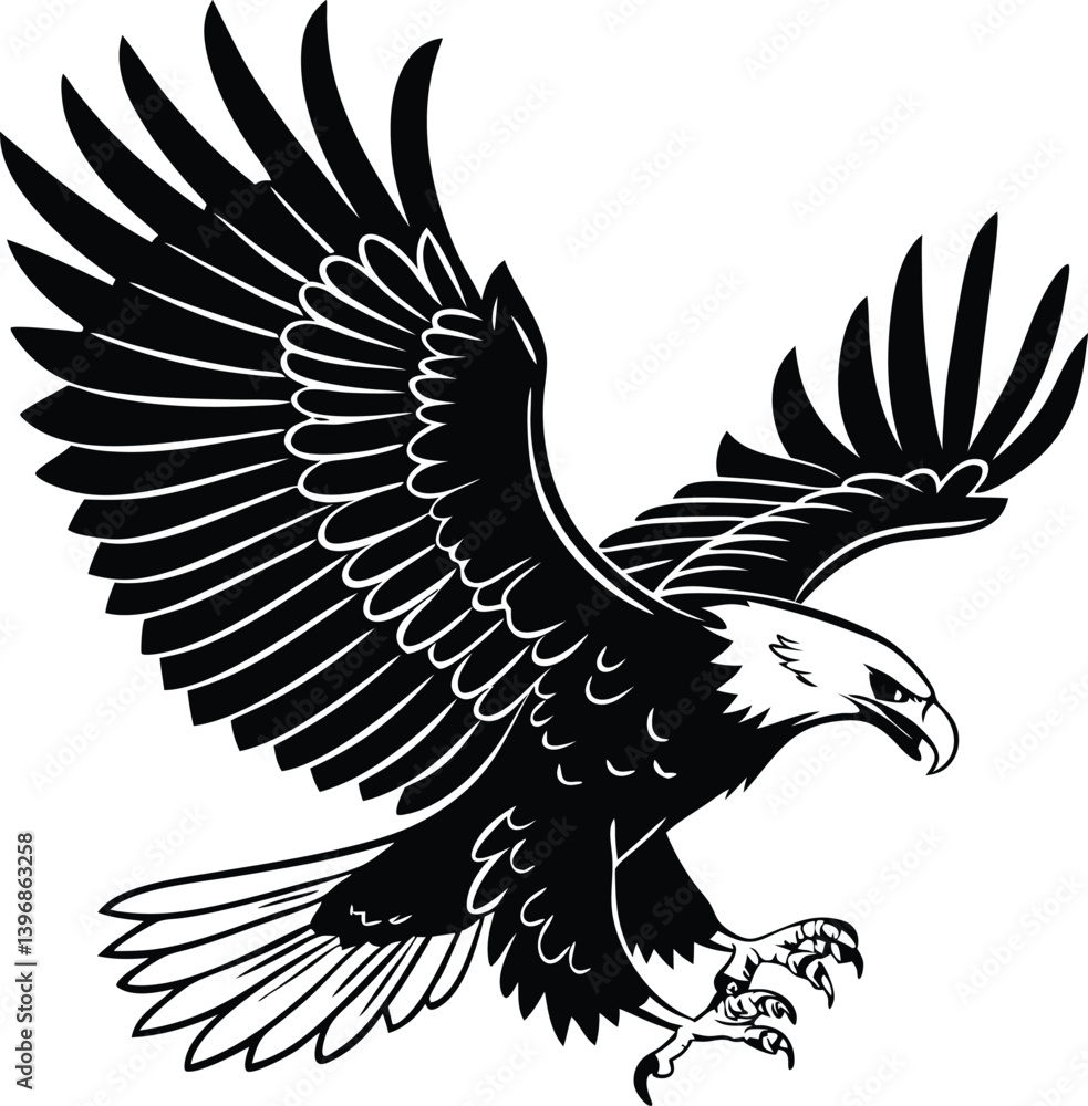 Fototapeta premium Vector Black Eagle Silhouette – Aggressive Bald Eagle with Spread Wings and Claws Extended for Tattoo, Logo, or Mascot Design