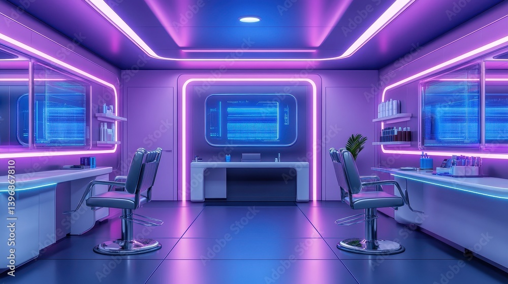 Futuristic salon interior with neon light, modern styling stations, and digital screens Futuristic salon interior with neon light, modern styling stations, and digital screens